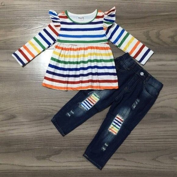 Rainbow Stripes Size 5/6 Ruffled Shirt w/Distressed Denim Pants Set - Picture 1 of 1